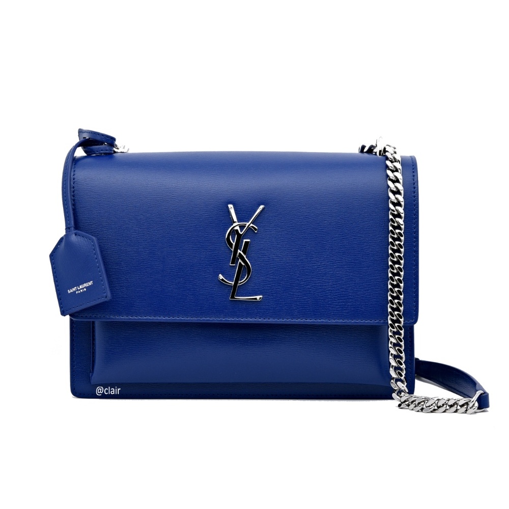 Saint Laurent Navy Blue Leather Monogram Crossbody Bag with Silver Chain